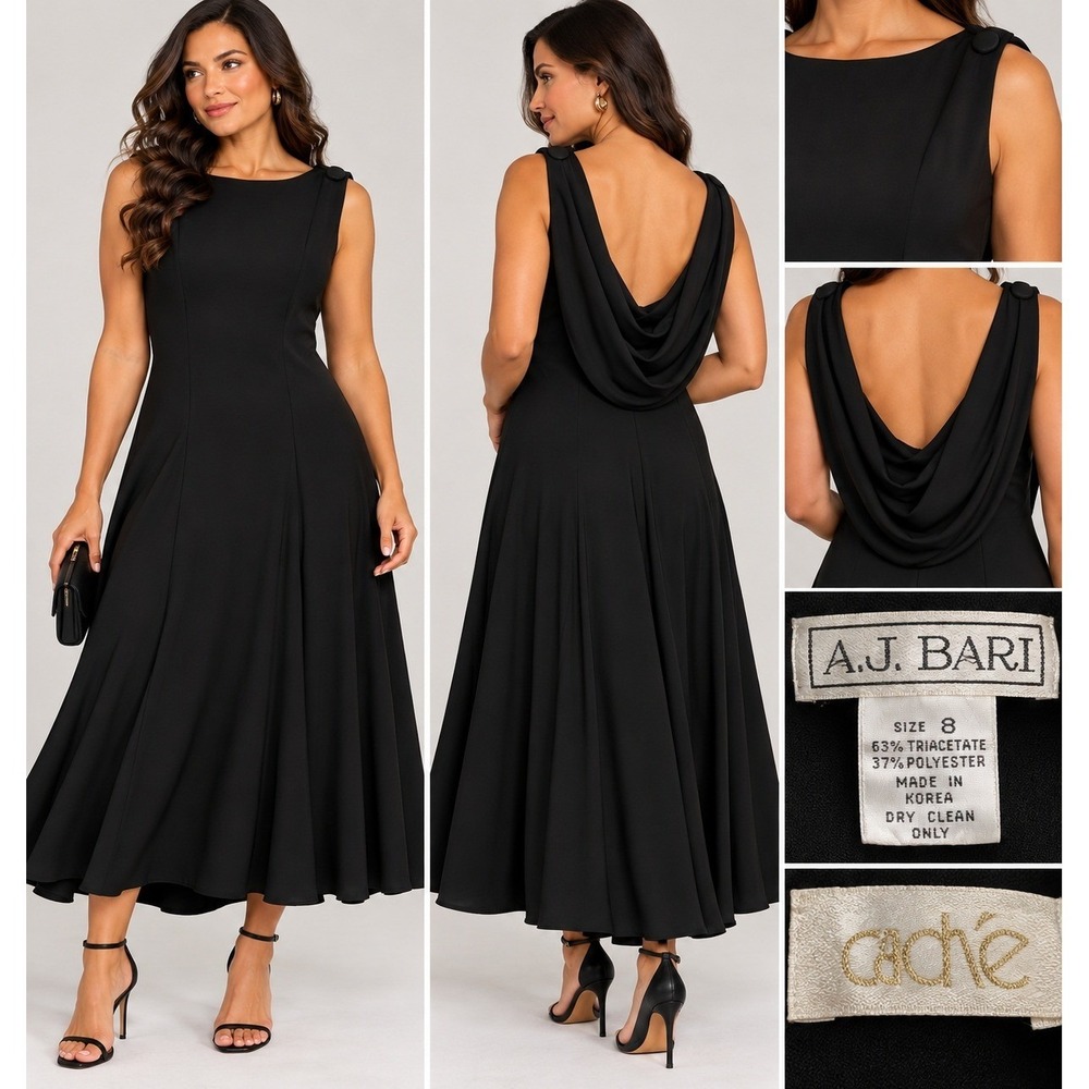 Vintage AJ Bari Cache Black Cowl Back Midi Dress Sleeveless Evening Gown Size 8